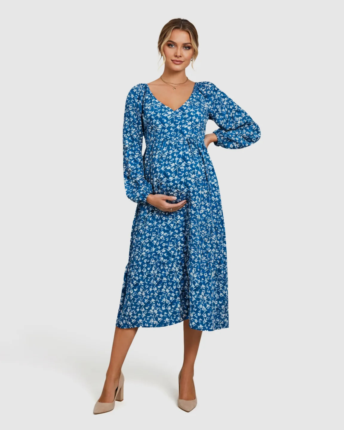 Balloon-Sleeve A-Line Maternity Dress