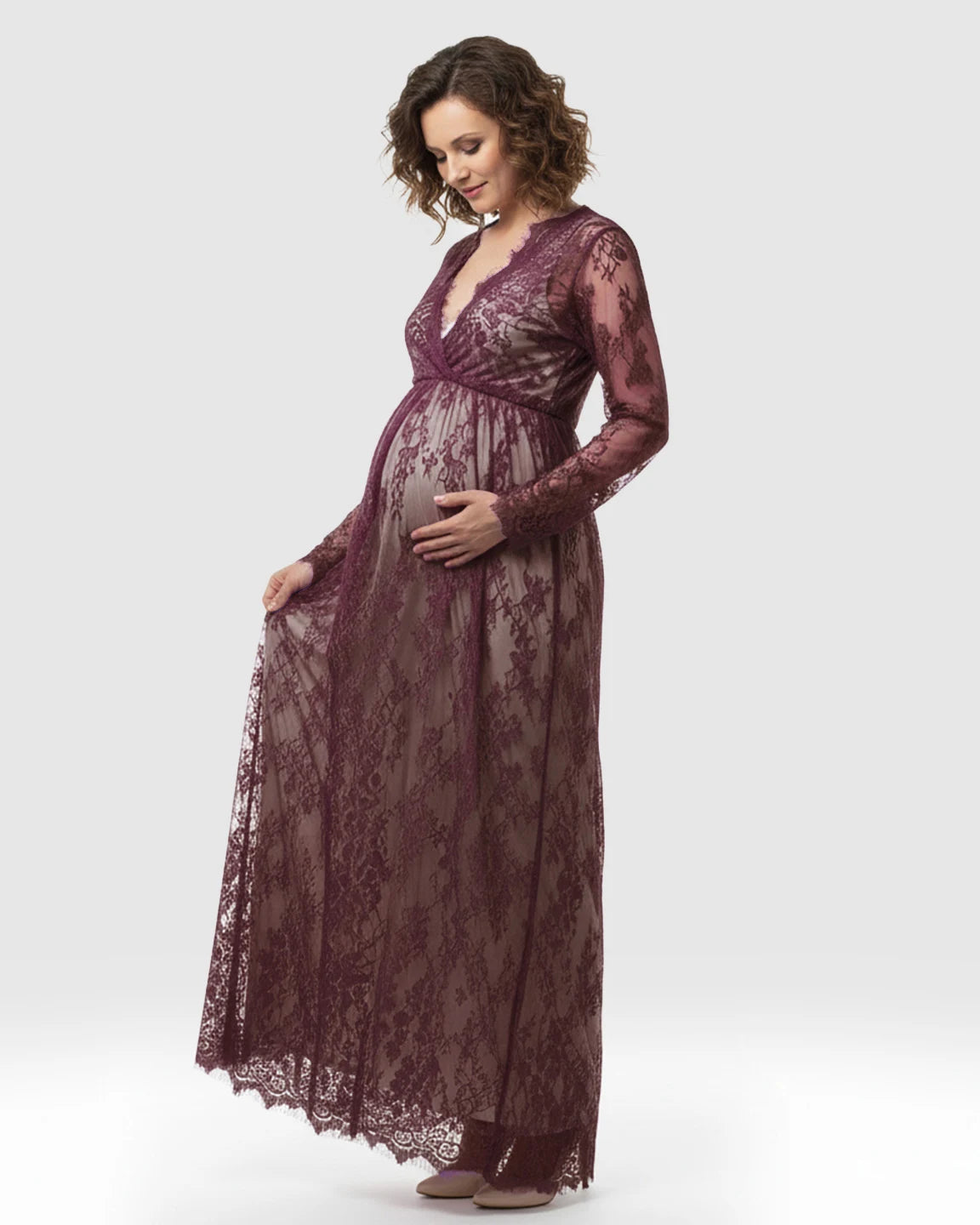 Sheer Floral Lace Empire Waist Maternity Maxi Dress