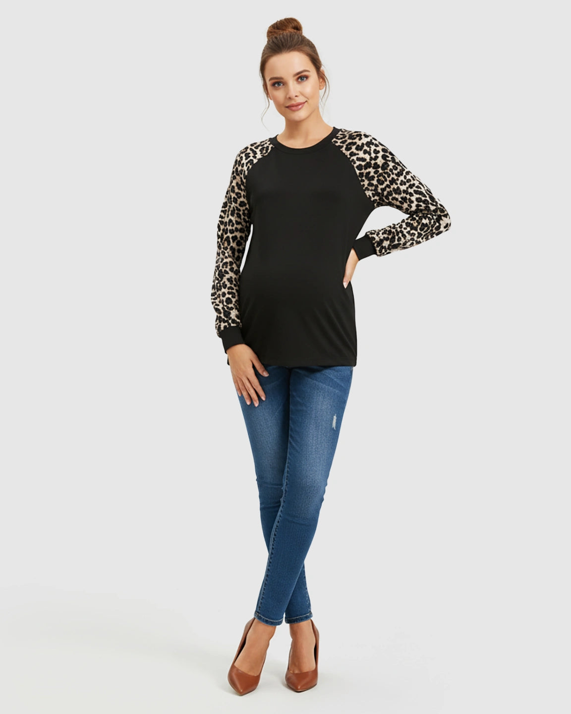 Soft Stretch Leopard Print Long Sleeve Maternity Top