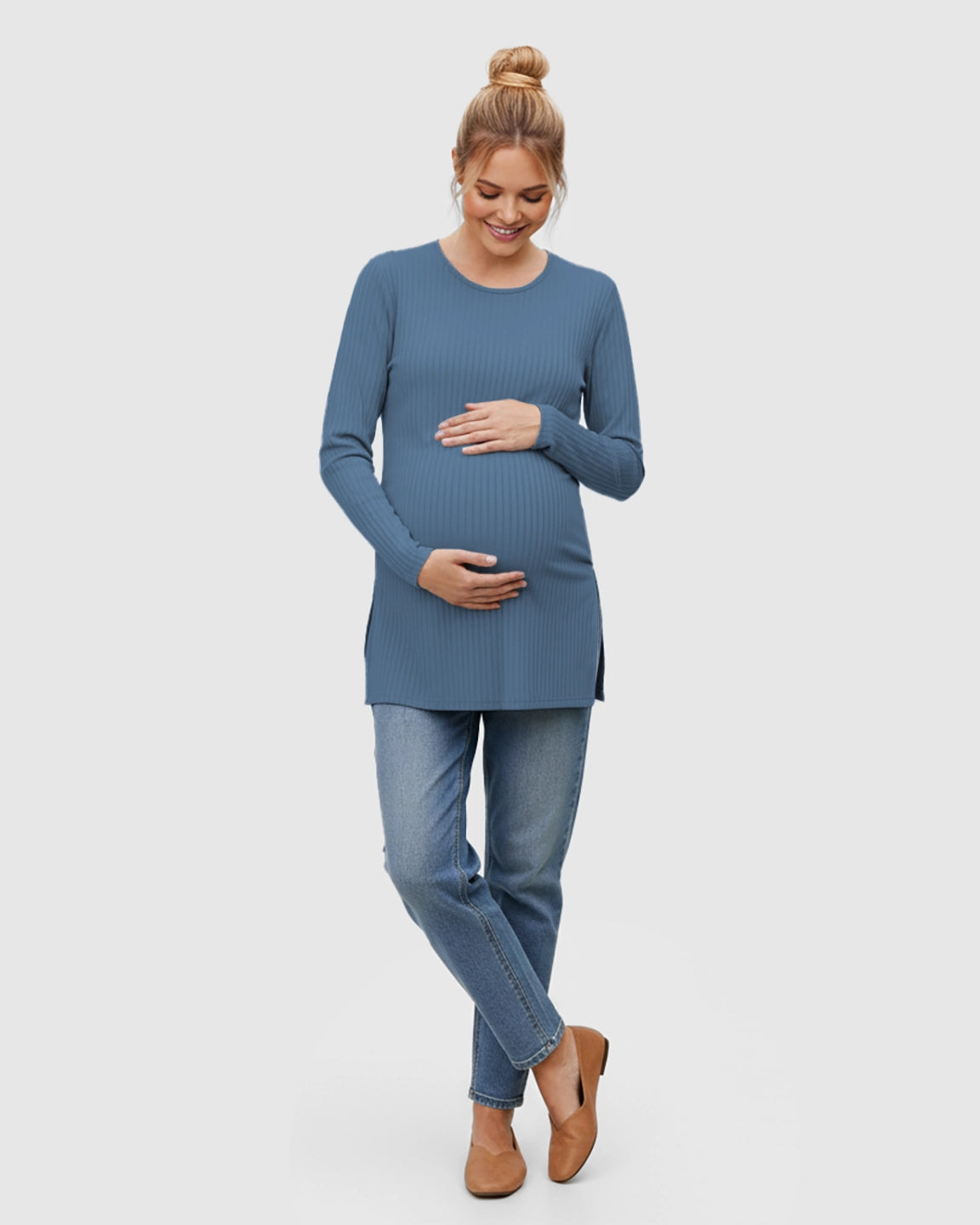 Ribbed Knit Long Sleeve Maternity Top with Side Slits