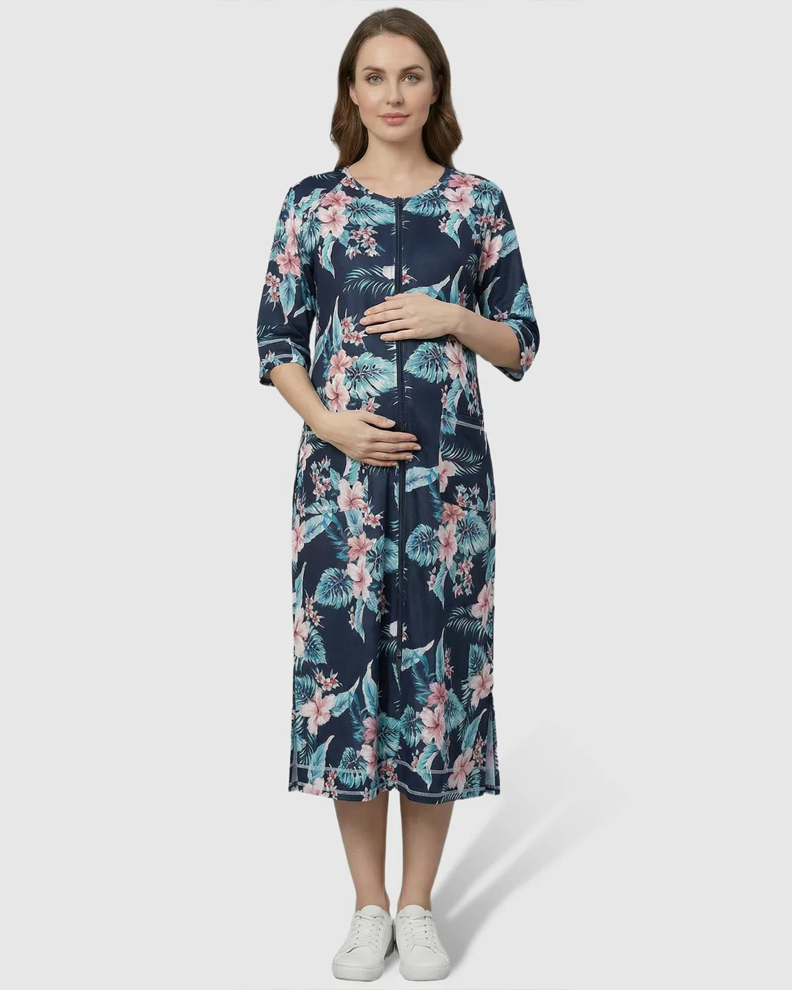 Front Zipper Casual Maternity Nursing Lounge Dress