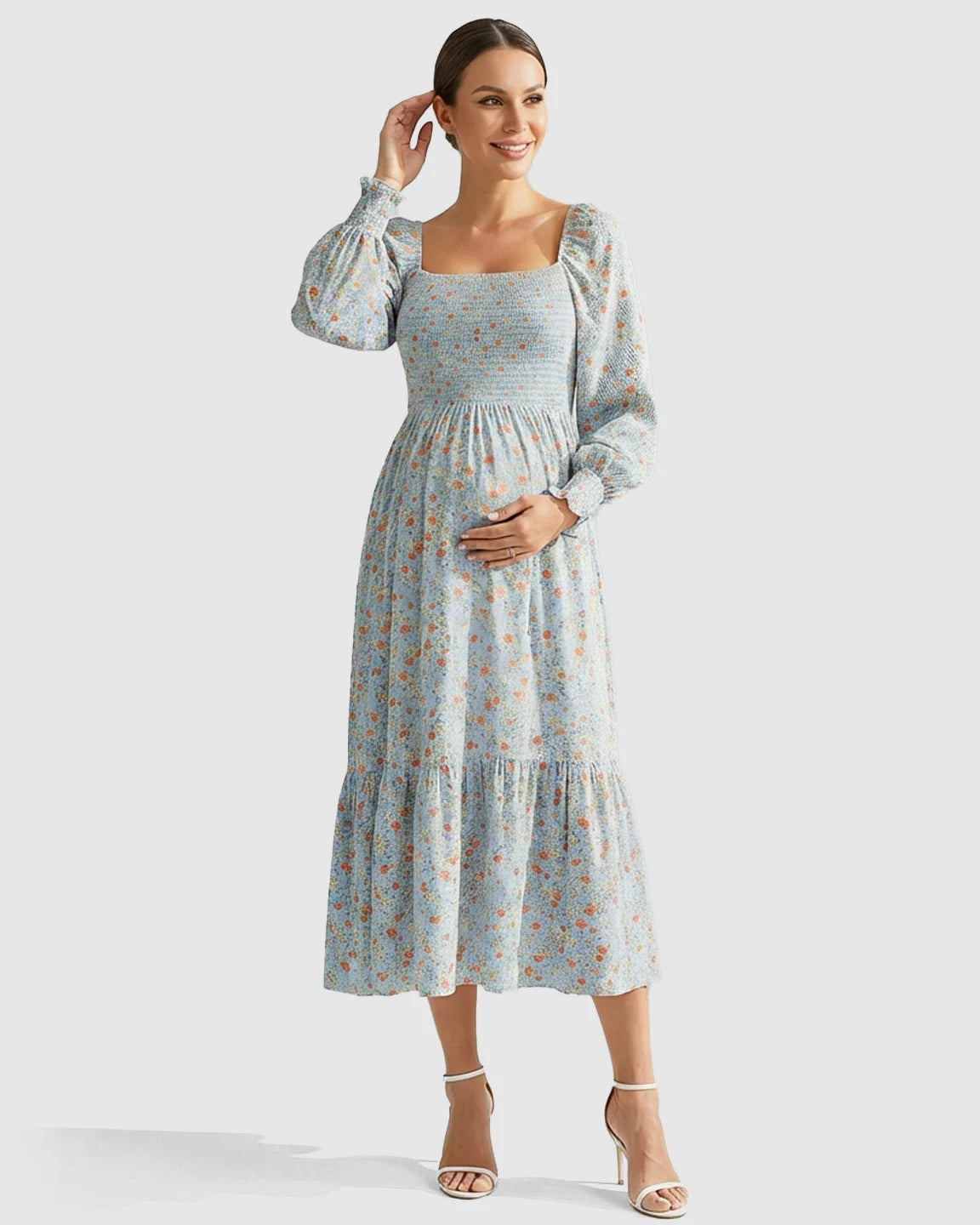 Smocked Bodice Floral Maternity Midi Dress