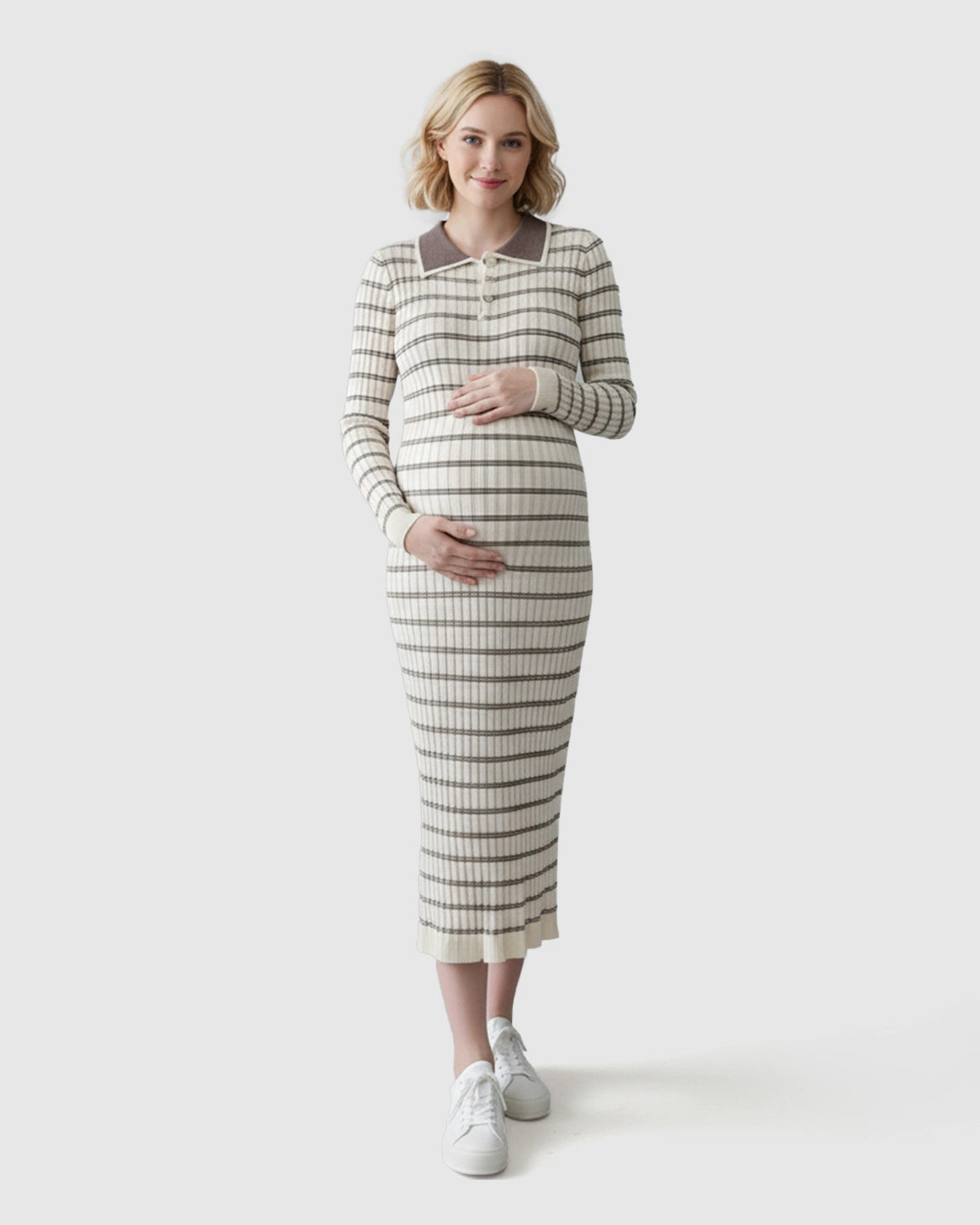 Contrast Collared Casual Maternity Midi Dress