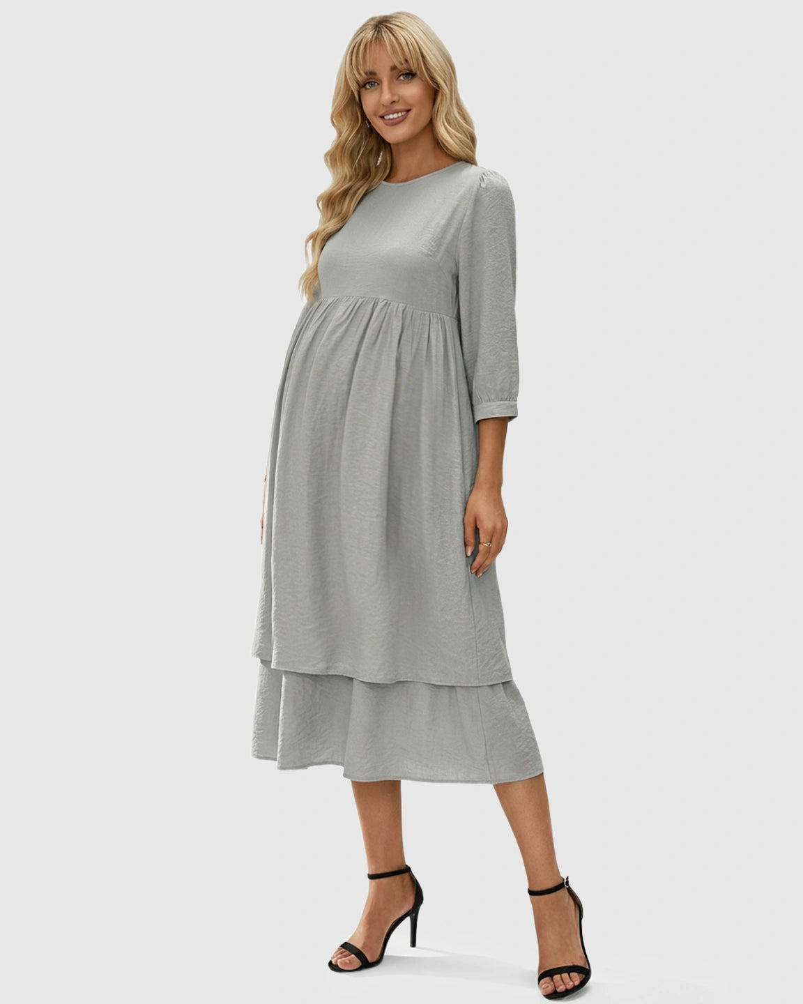 Quarter Sleeve Ruffle Skirt Maternity Midi Dress