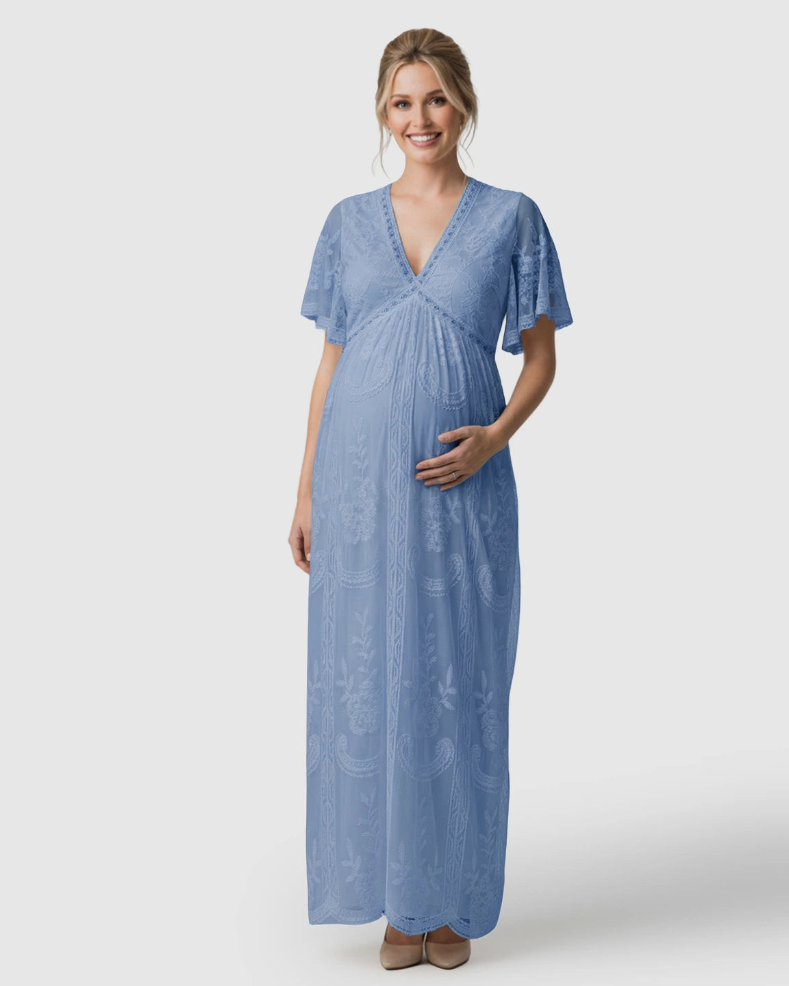 Sheer-Lace Romantic Maternity Maxi Dress
