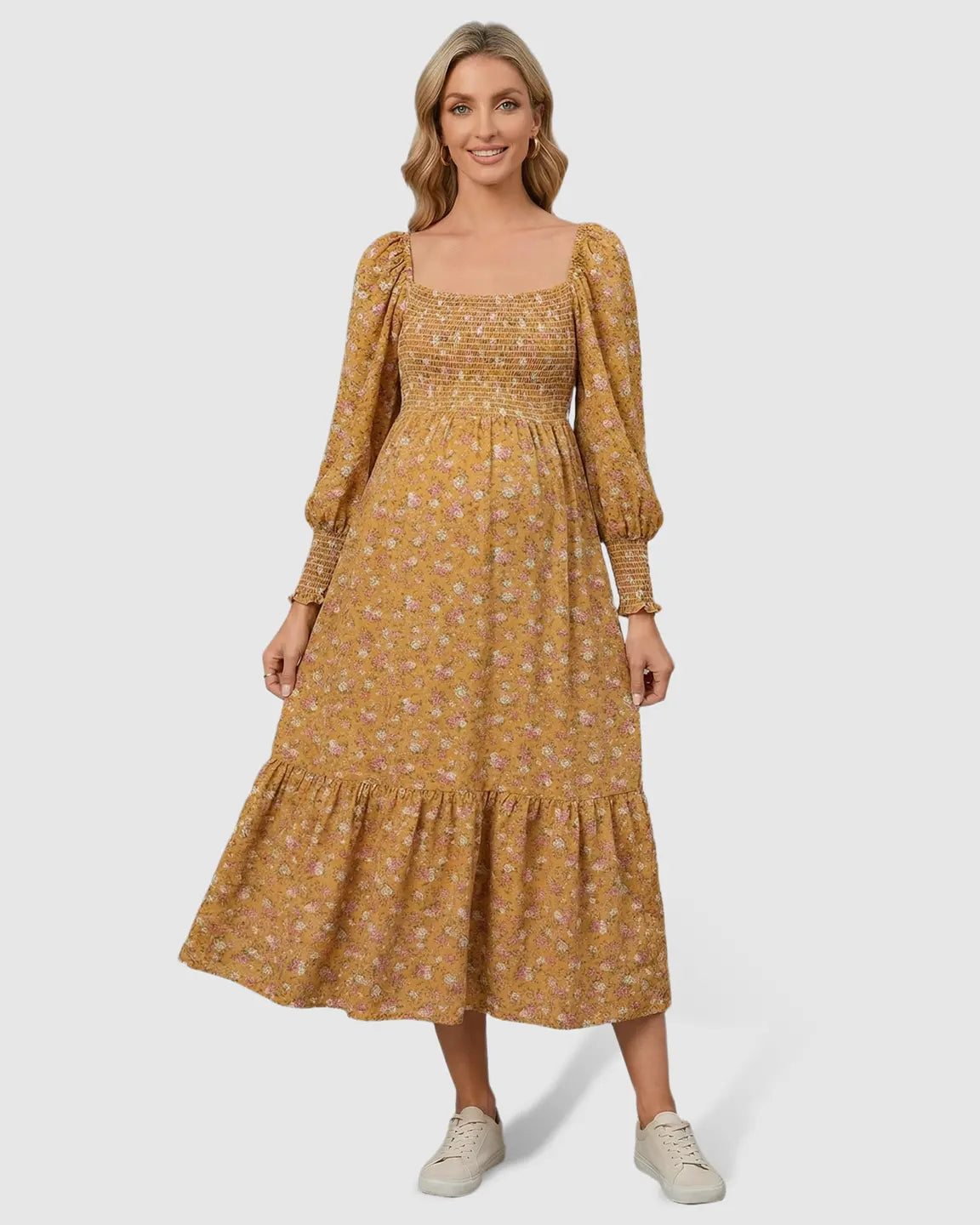 Shirred Bodice Floral Maternity Midi Dress