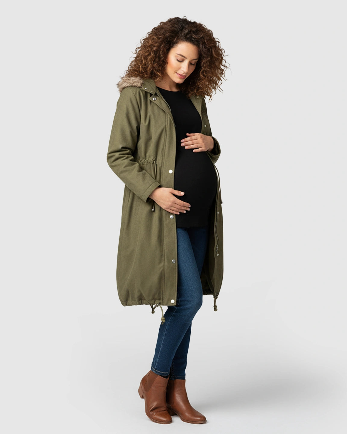 Fur Collar Hooded Long Maternity Jacket