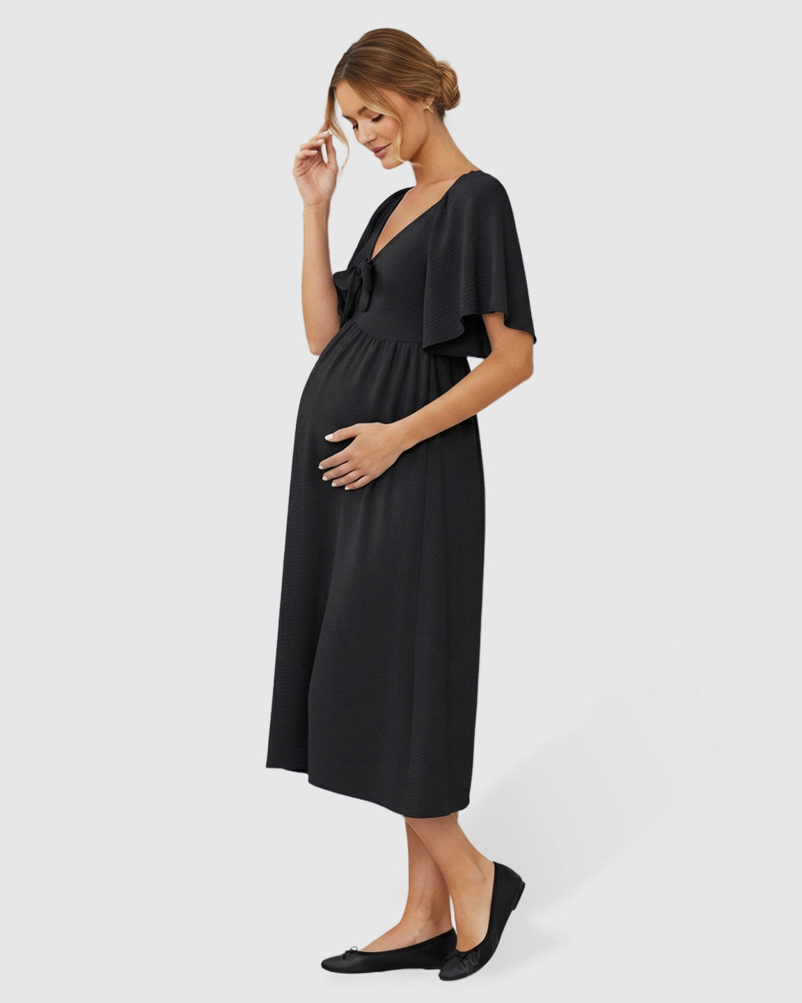 Tie-Knot Front Swing Silhouette Maternity Midi Dress