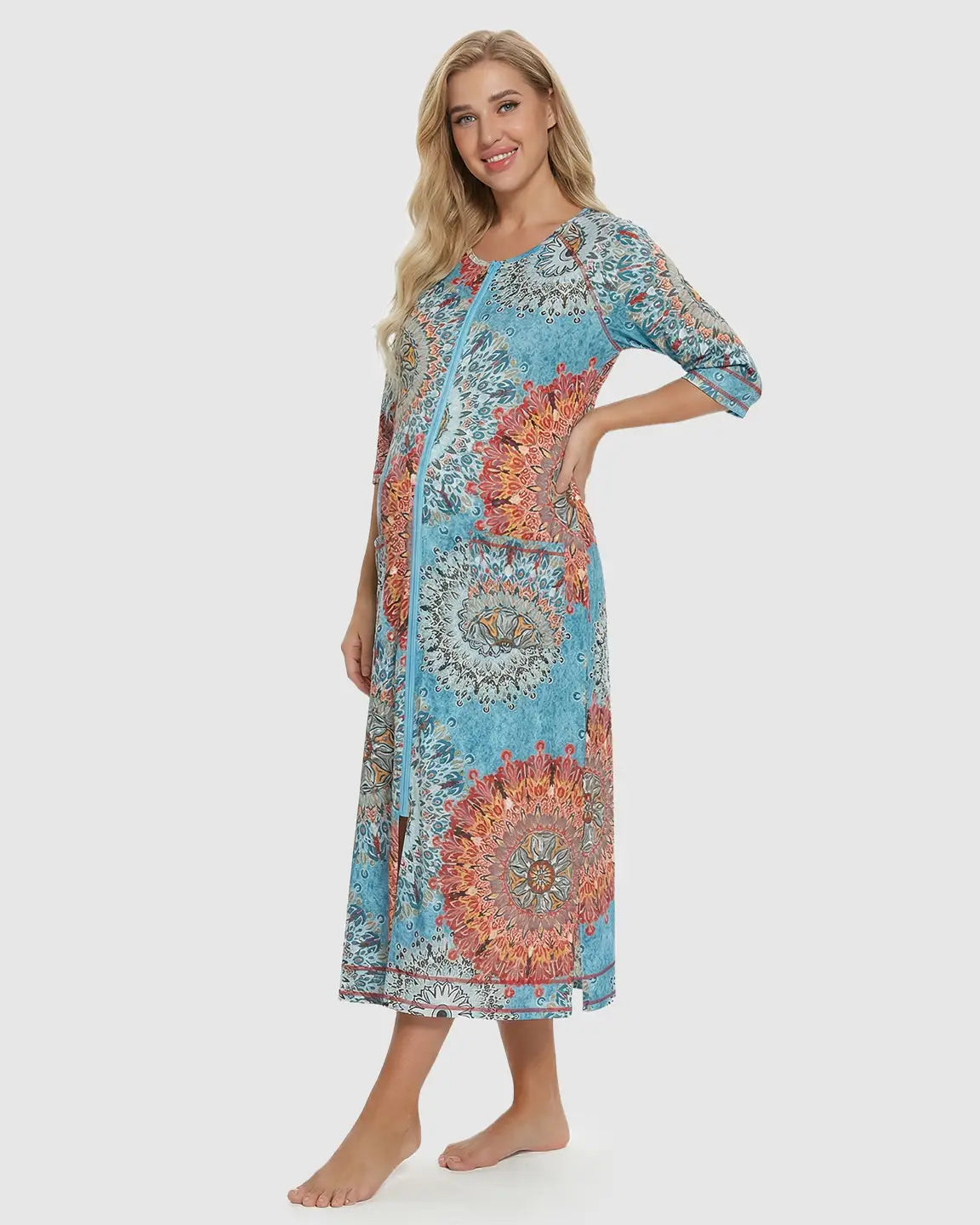 Front Zipper Boho Print Maternity Nursing Lounge Dress