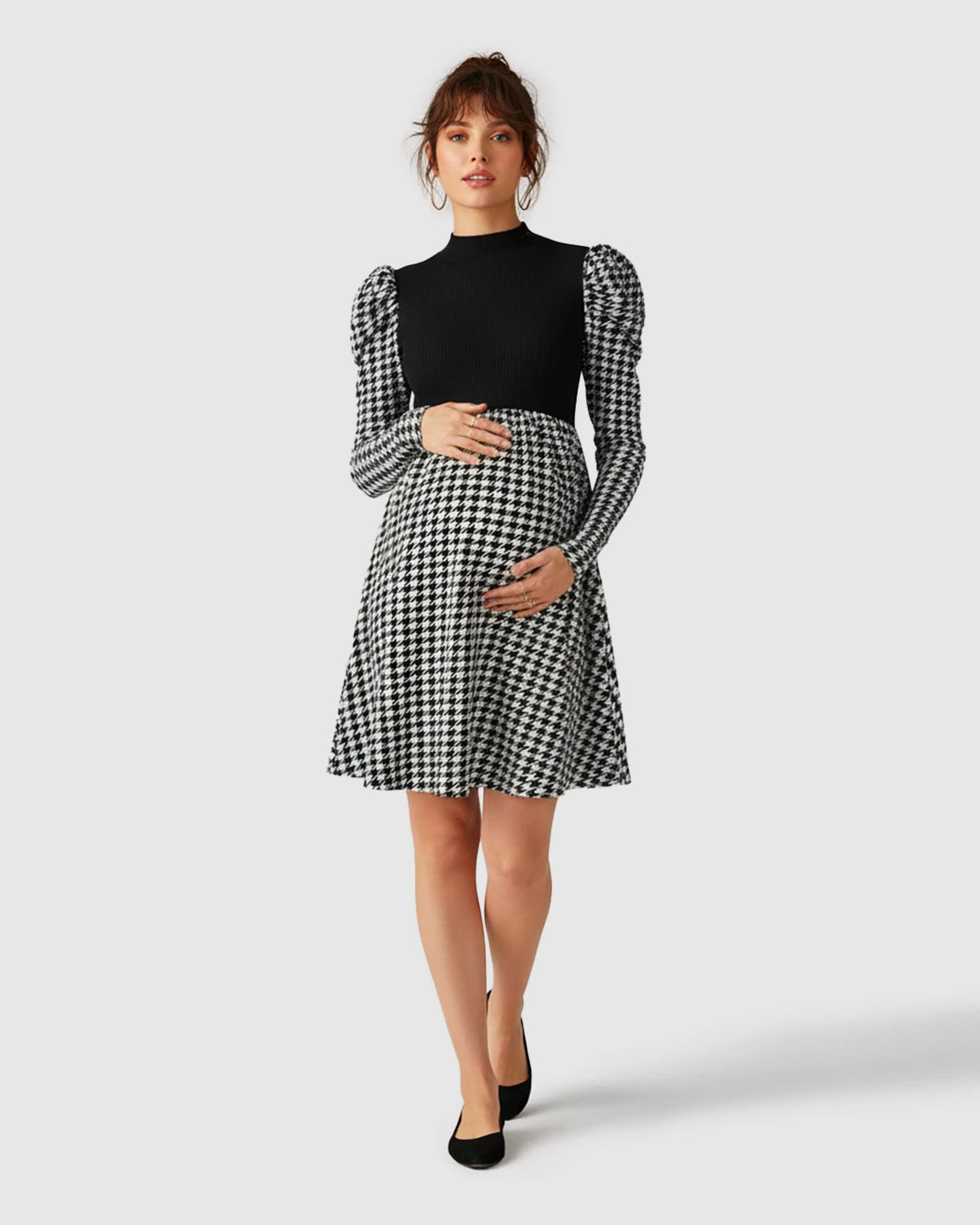 Houndstooth Pattern Elegant Maternity Short Dress