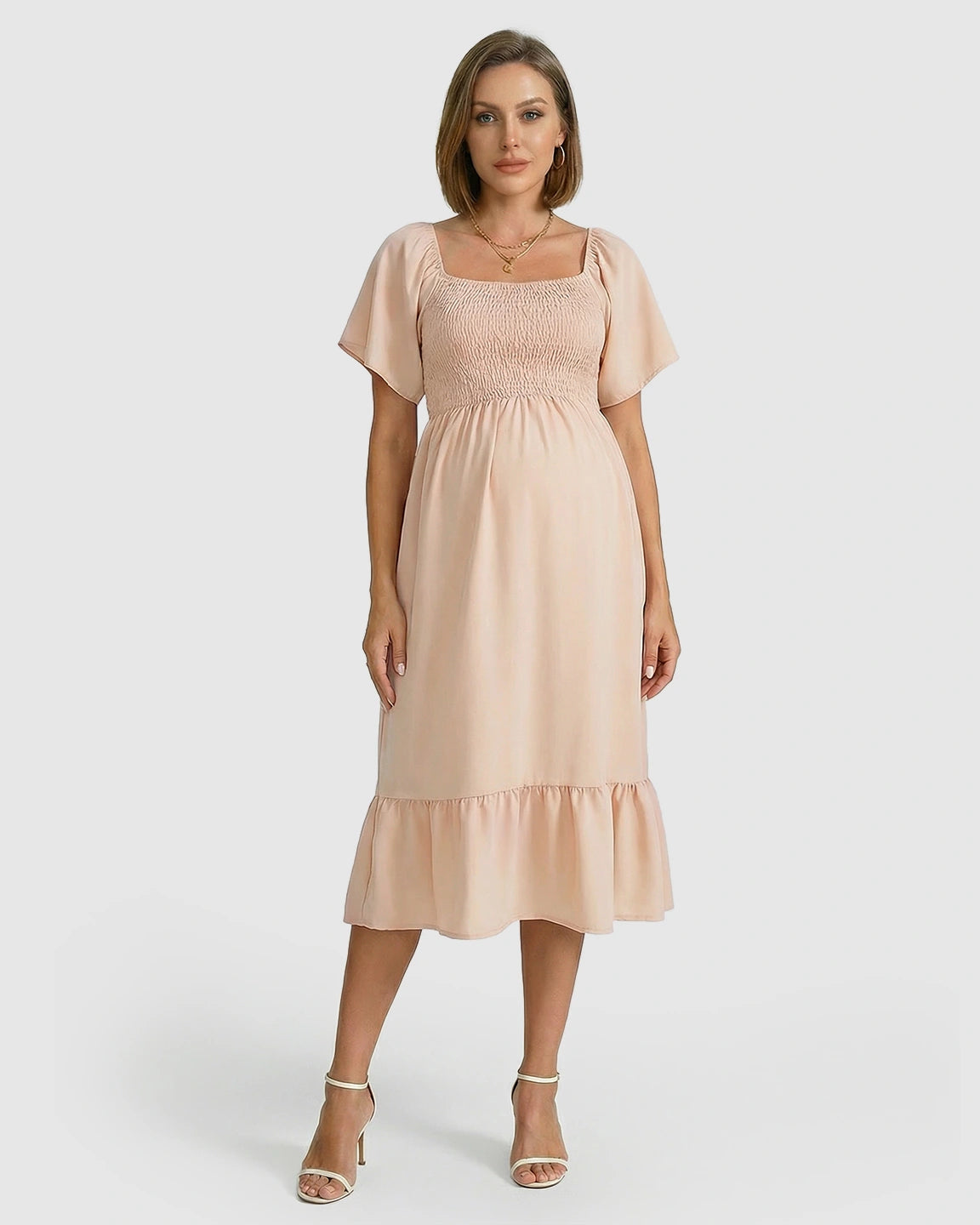 Smocked Square Neck Ruffled A-line Maternity Dress