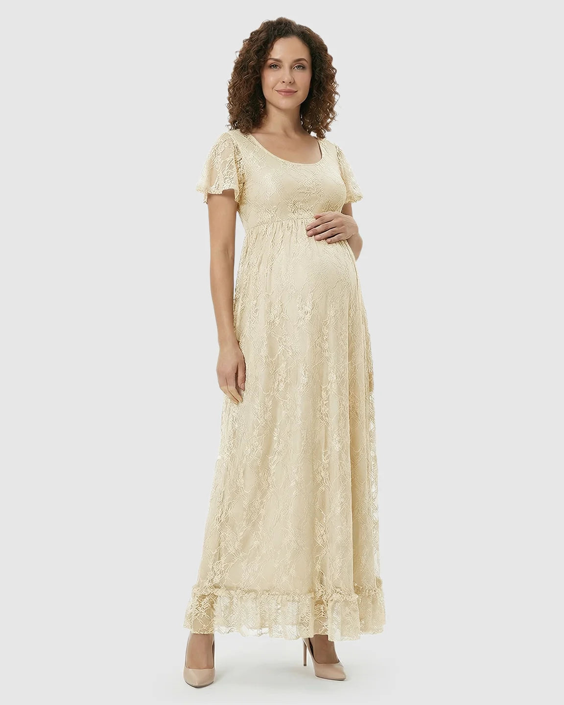 Ruffled Hem Floral Lace Maternity Photoshoot Dress