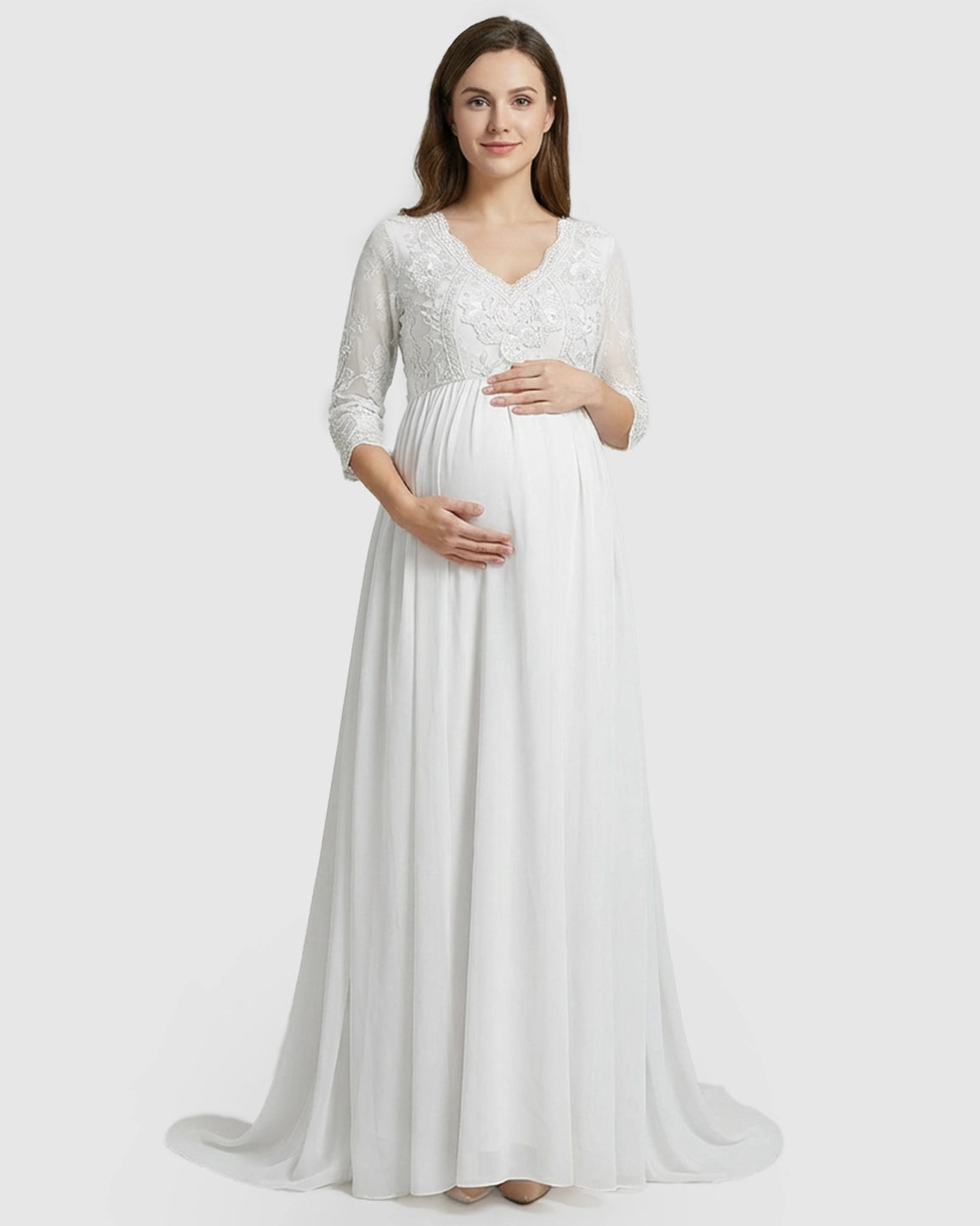 Sheer Lace Bodice Trailing Maternity Photoshoot Dress