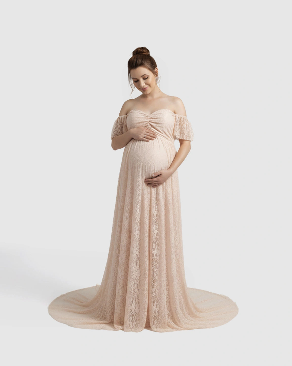 Off-Shoulder Flowing Lace Maternity Maxi Dress
