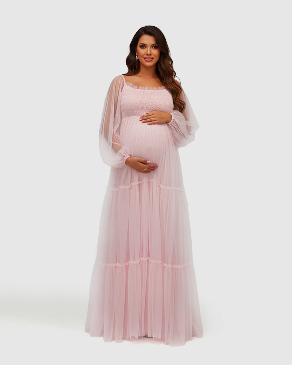 Lantern-Sleeve Tiered Tulle Maternity Photoshoot Gown