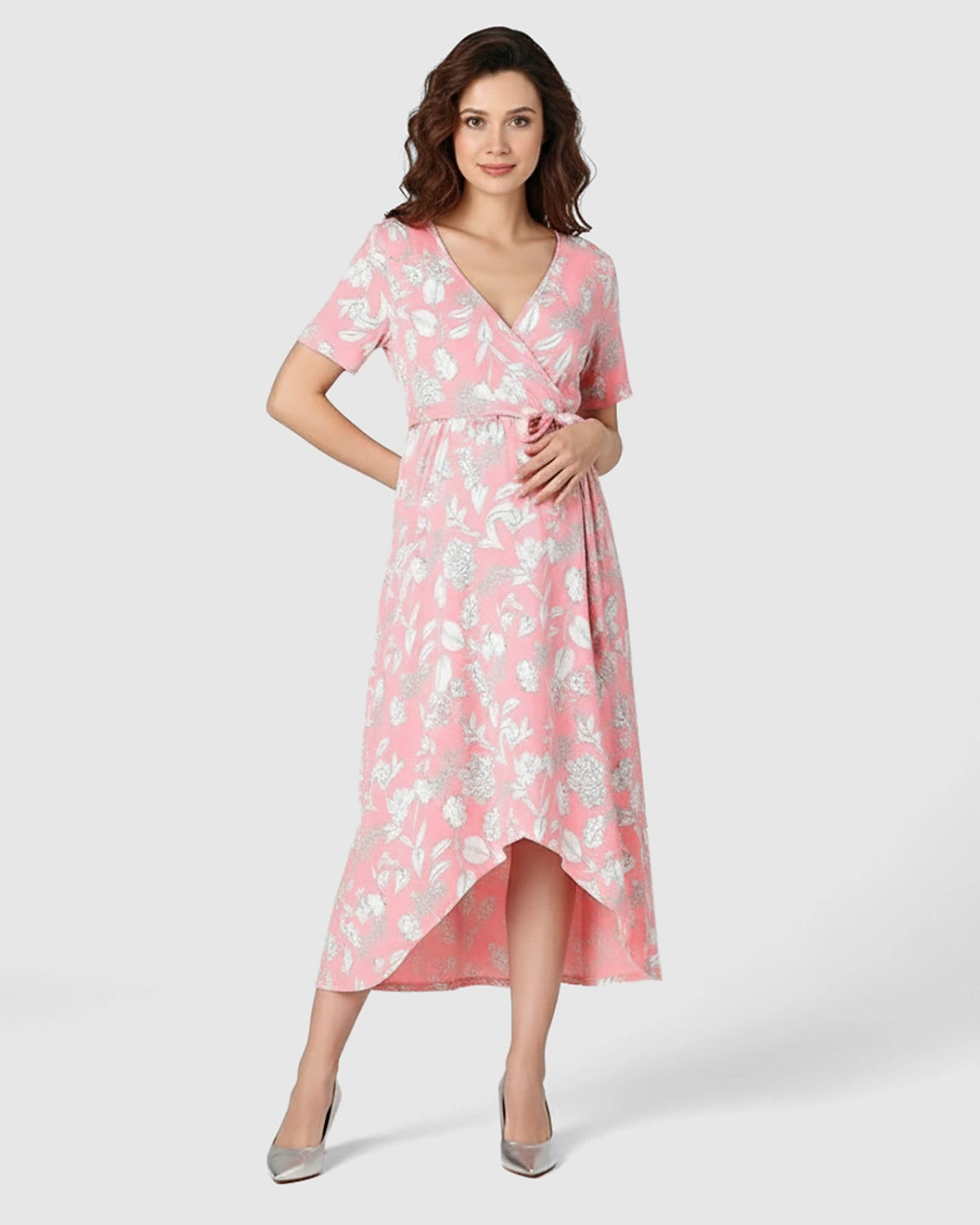 V-Neck Floral Wrap Maternity Midi Dress
