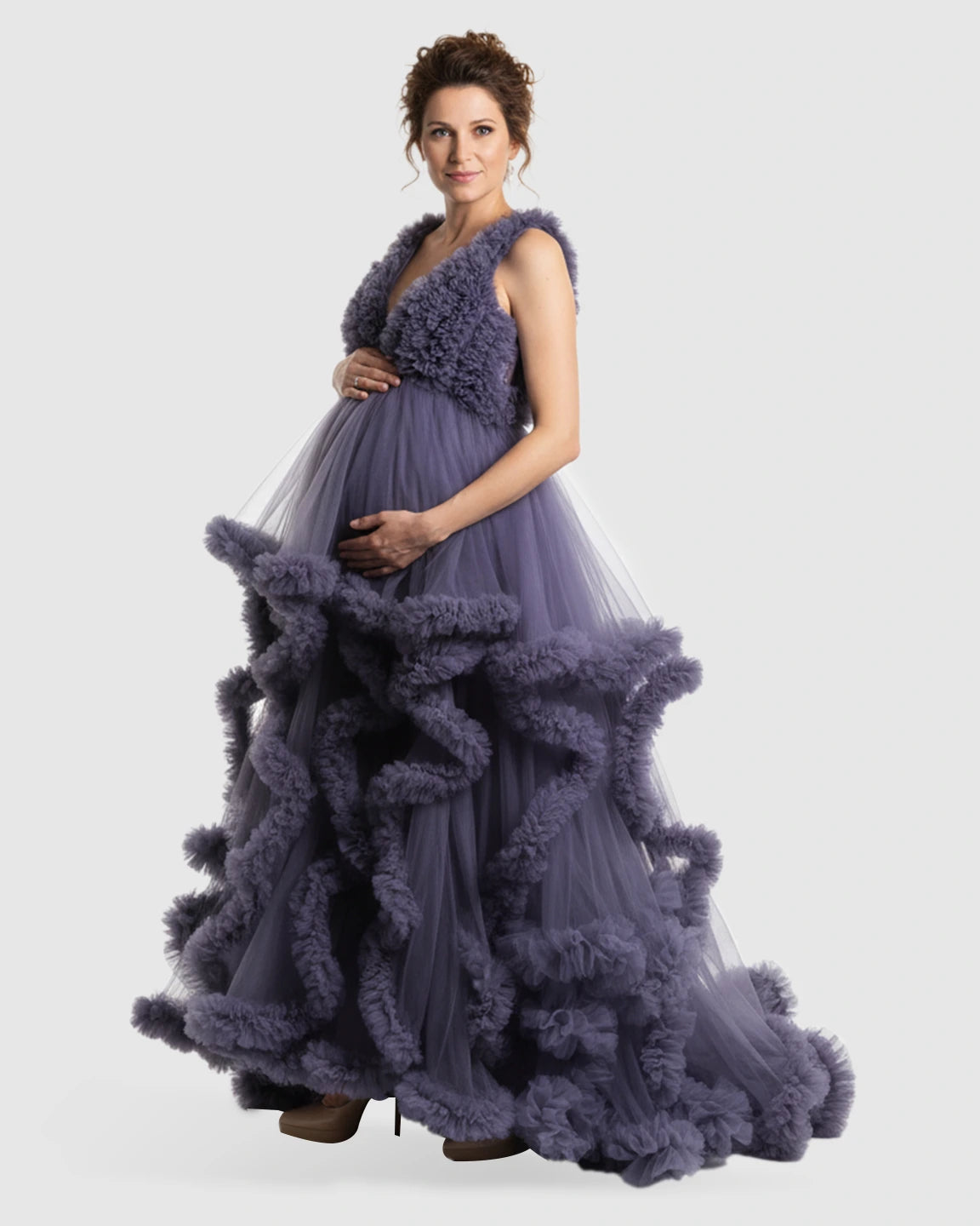 Ruffled Bodice Multi-Layer Mesh Pleats Maternity Gown