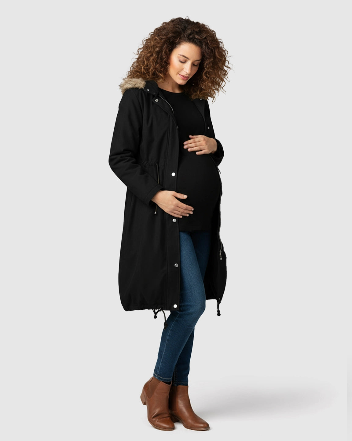 Fur Collar Hooded Long Maternity Jacket