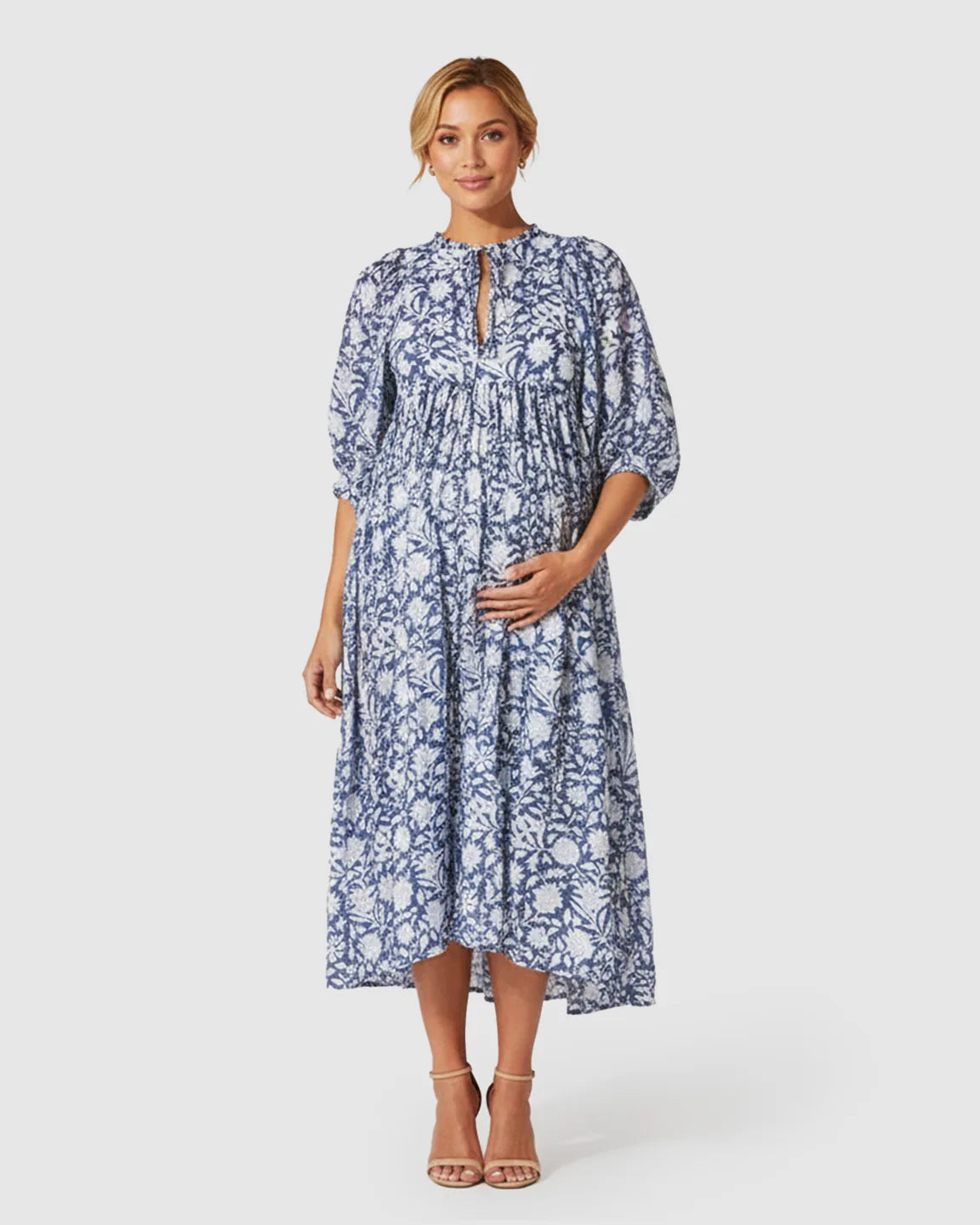 Gathered Shoulder Floral Loose Fit Maternity Midi Dress