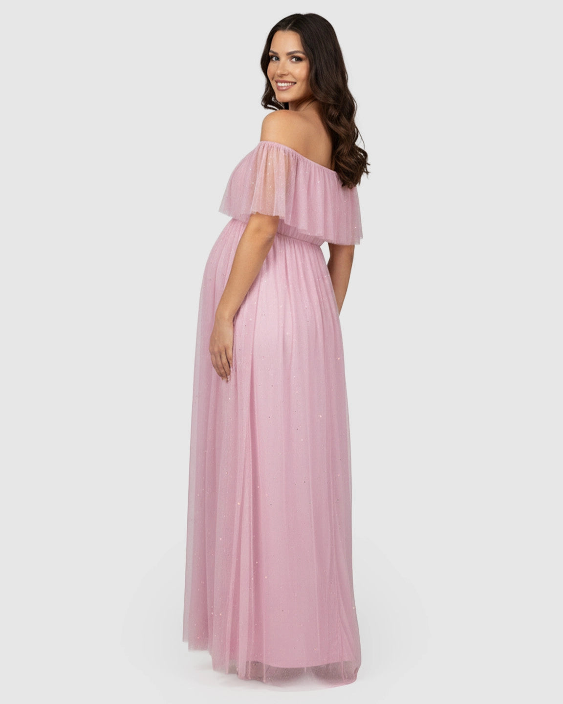 Off-Shoulder Mesh Empire Waist Maternity Maxi Dress