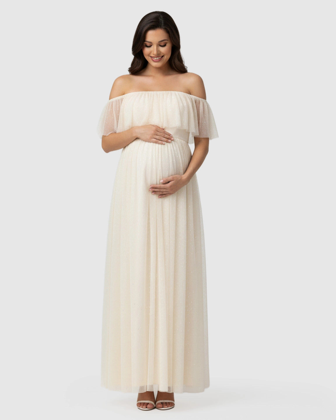 Off-Shoulder Mesh Empire Waist Maternity Maxi Dress