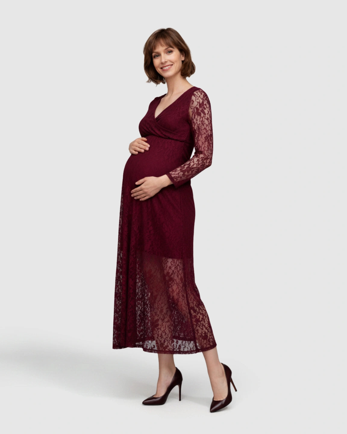 Sheer Lace Long Sleeve Maternity Midi Dress