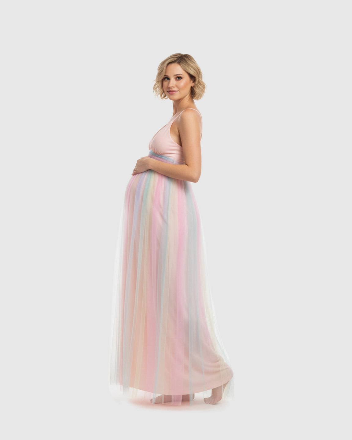 Cross-Back Rainbow Tulle Maternity Gown