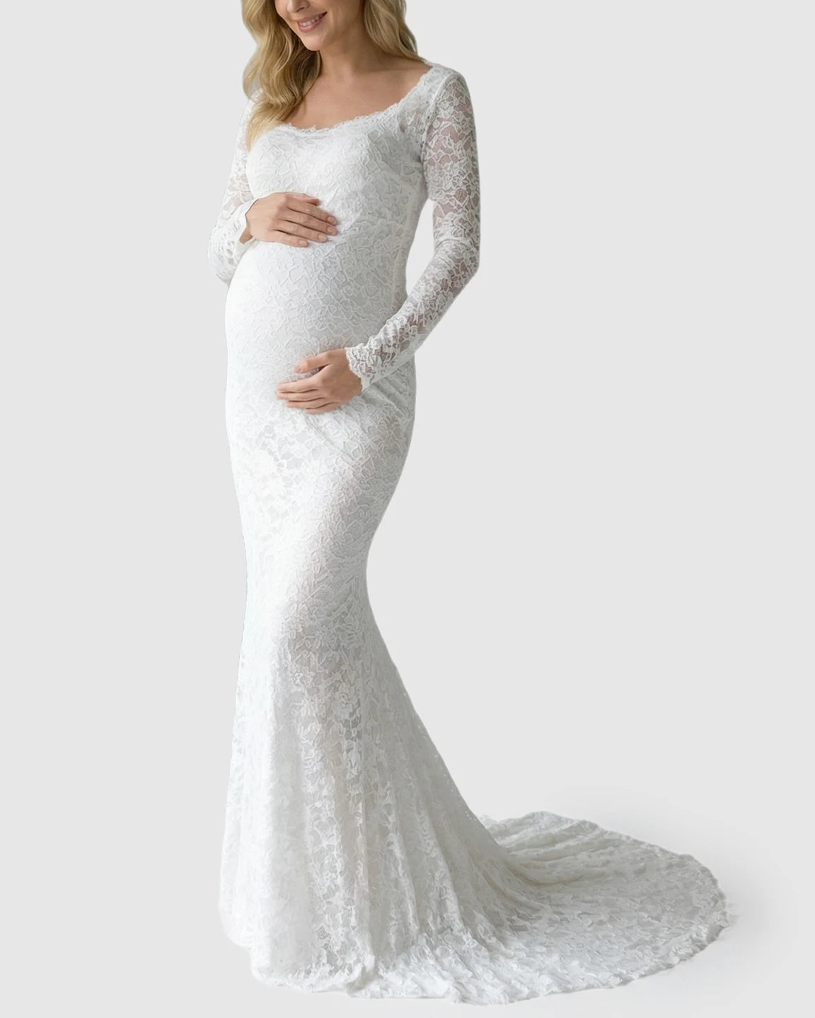 Lace Train Long-Sleeve Maternity Gown