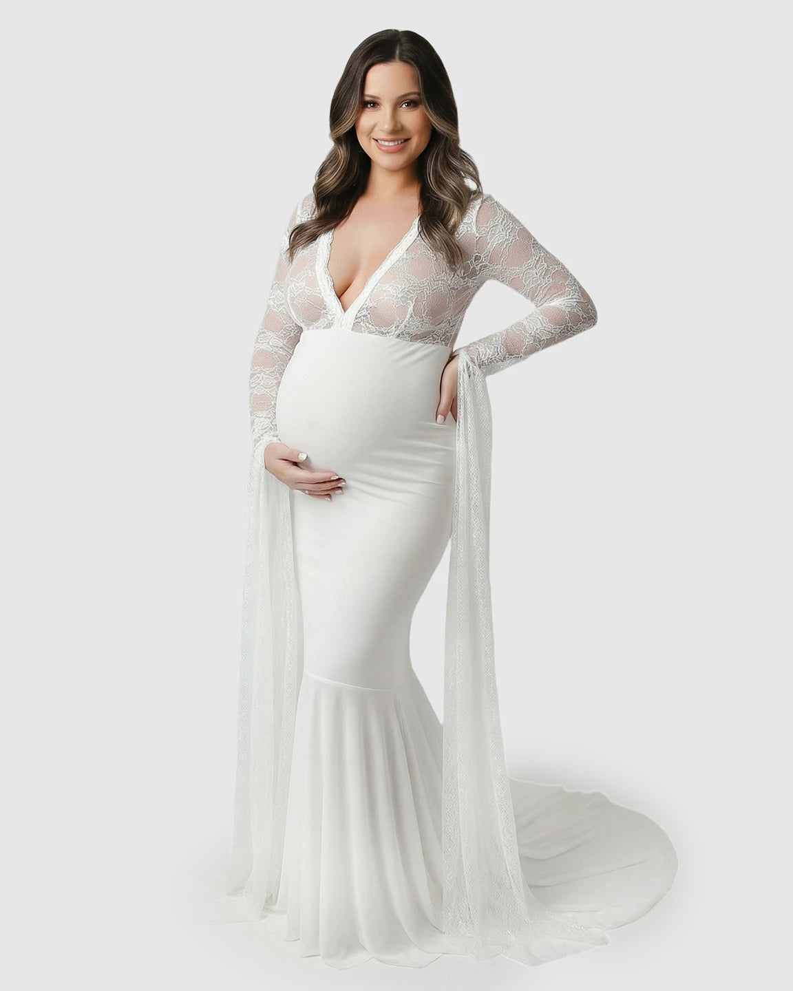 Lace Deep-V Floor-Length Maternity Gown