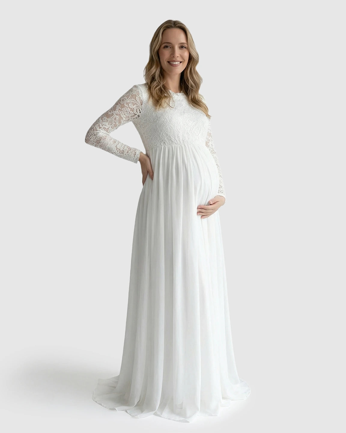 Lace Bodice Flowy Long-Sleeve Maternity Gown