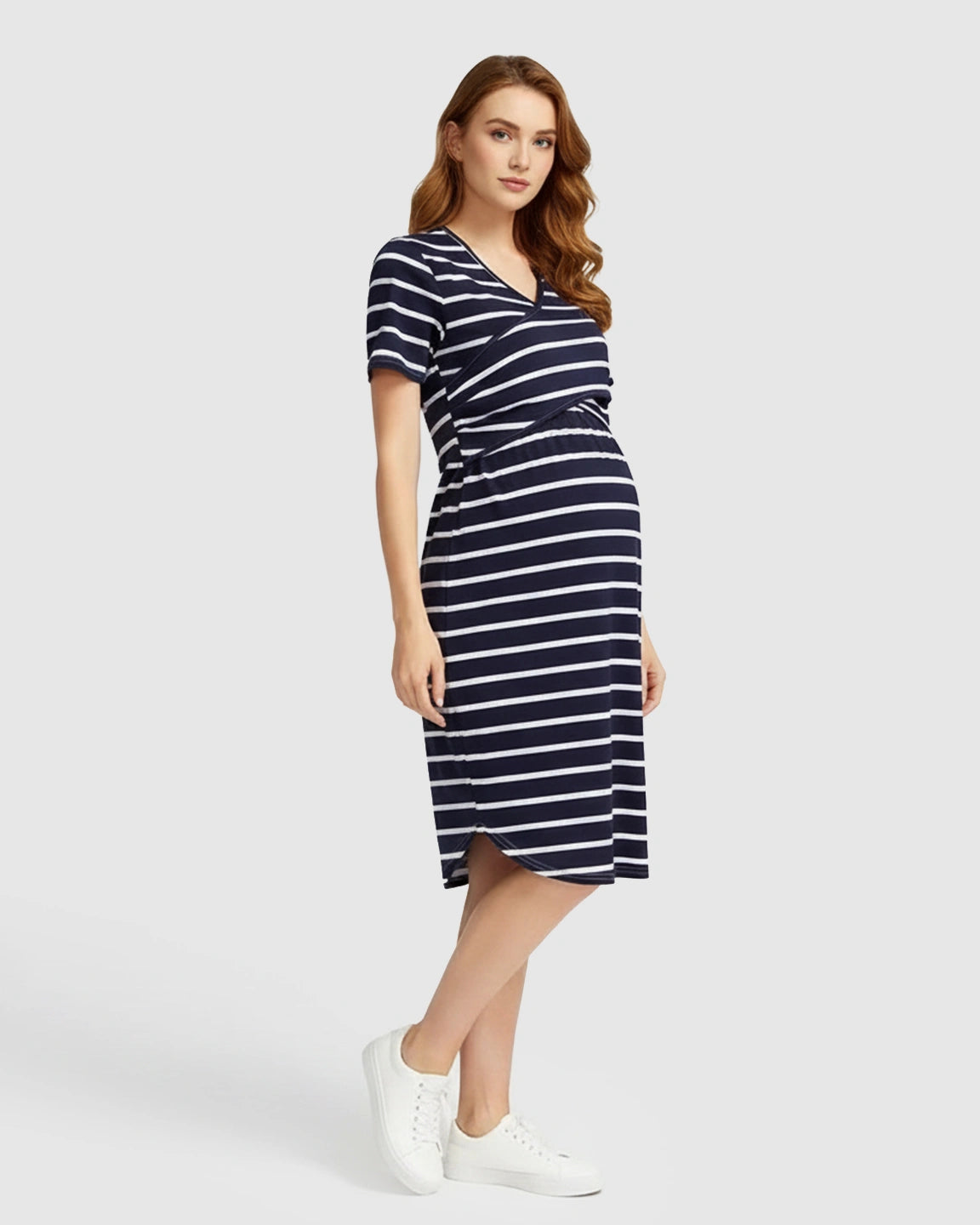 Striped-Crossover Fitted Nursing Maternity Midi Dress