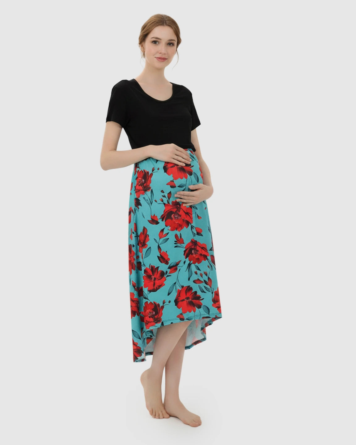 Asymmetric-Floral Vintage Maternity Midi Dress