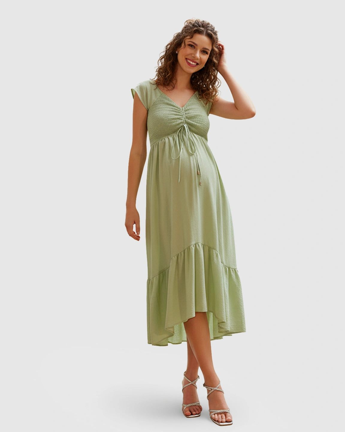 Smocked-Bodice Flowy Maternity Midi Dress