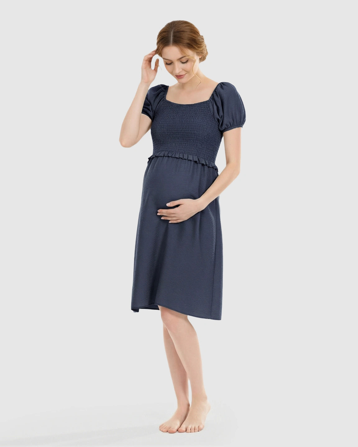 Retro Puff-Sleeve Flowy Maternity & Nursing Midi Dress