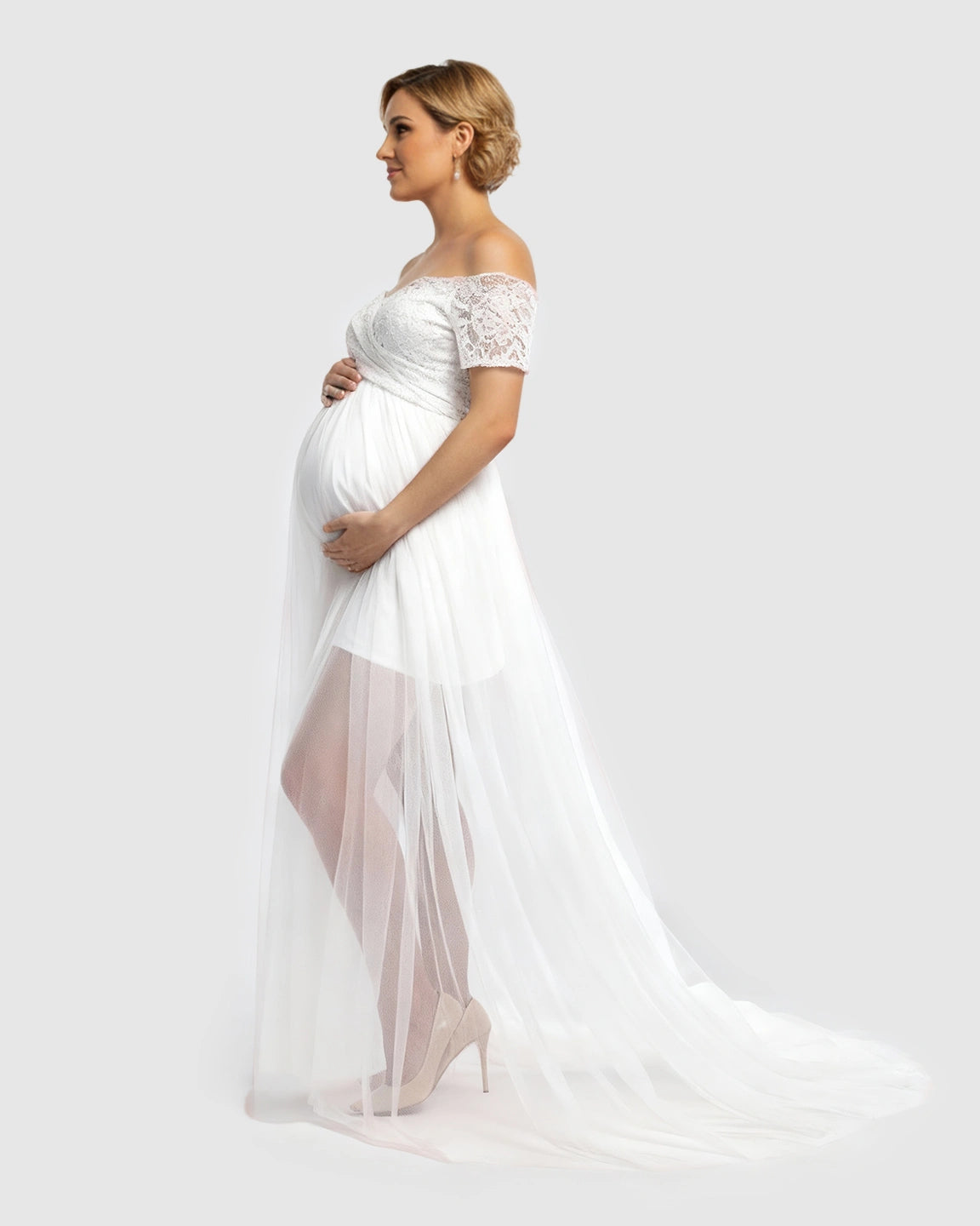 Lace & Mesh Off-Shoulder Maternity Gown