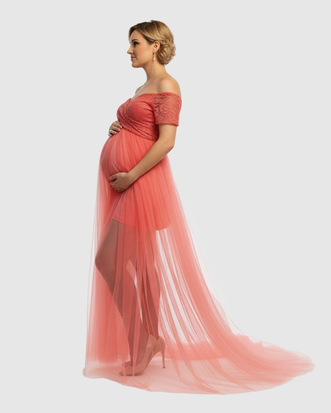 Lace & Mesh Off-Shoulder Maternity Gown