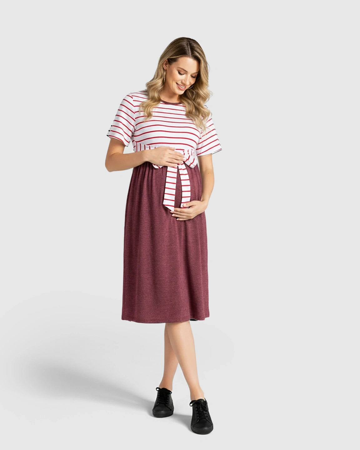Striped Tie-Waist Casual Maternity Midi Dress