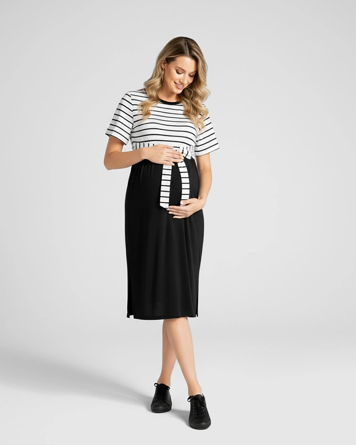 Striped Tie-Waist Casual Maternity Midi Dress