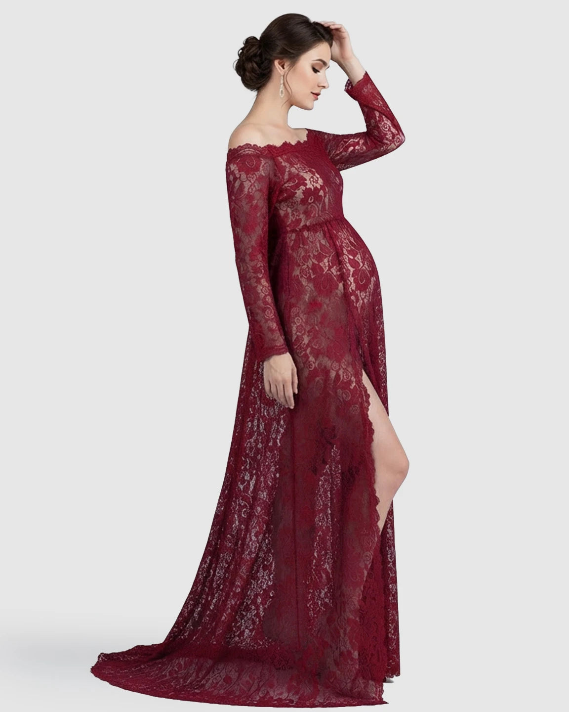 Off-Shoulder Lace Slit Maternity Gown