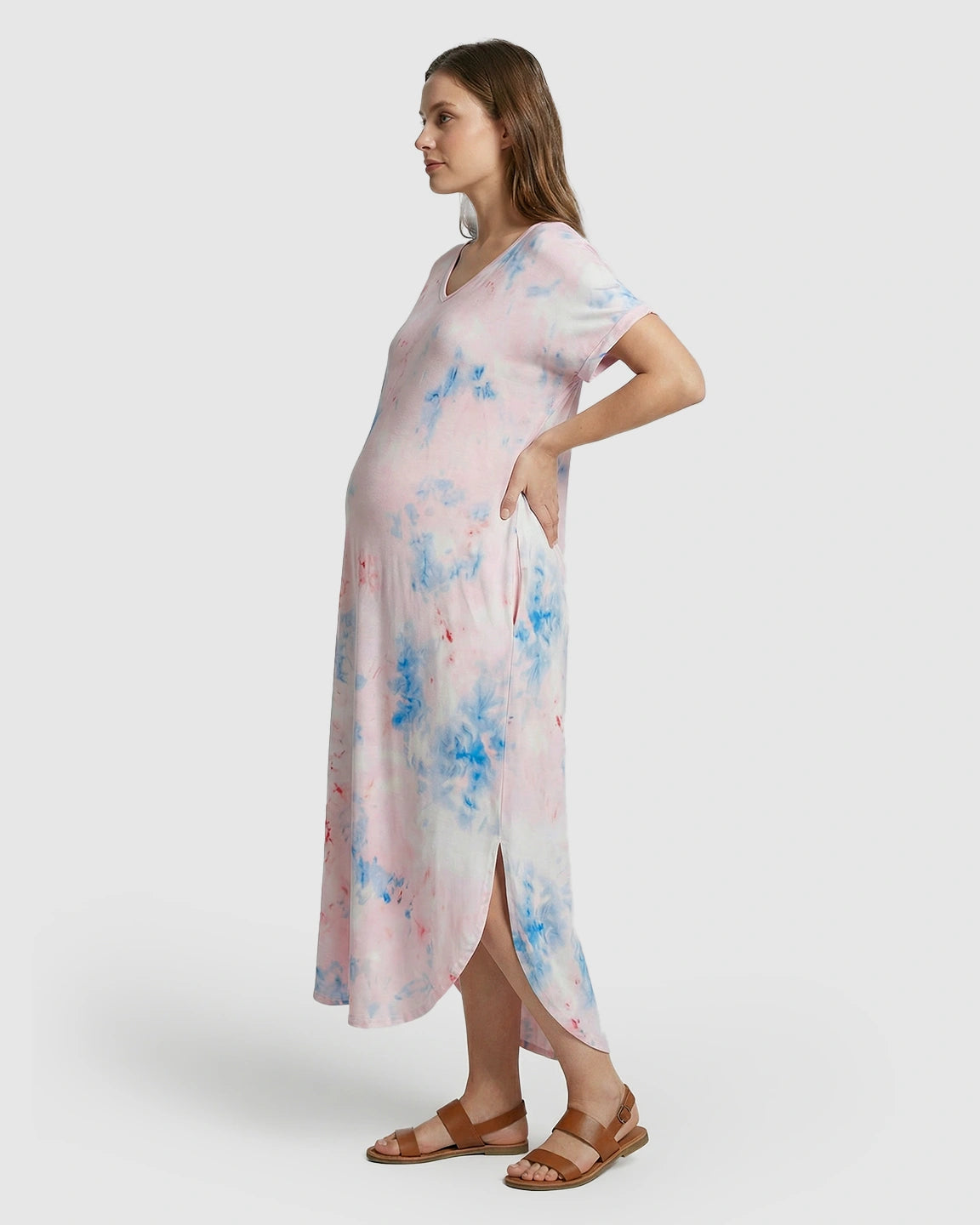 V-Neck Tie-Dye Maternity Midi Dress