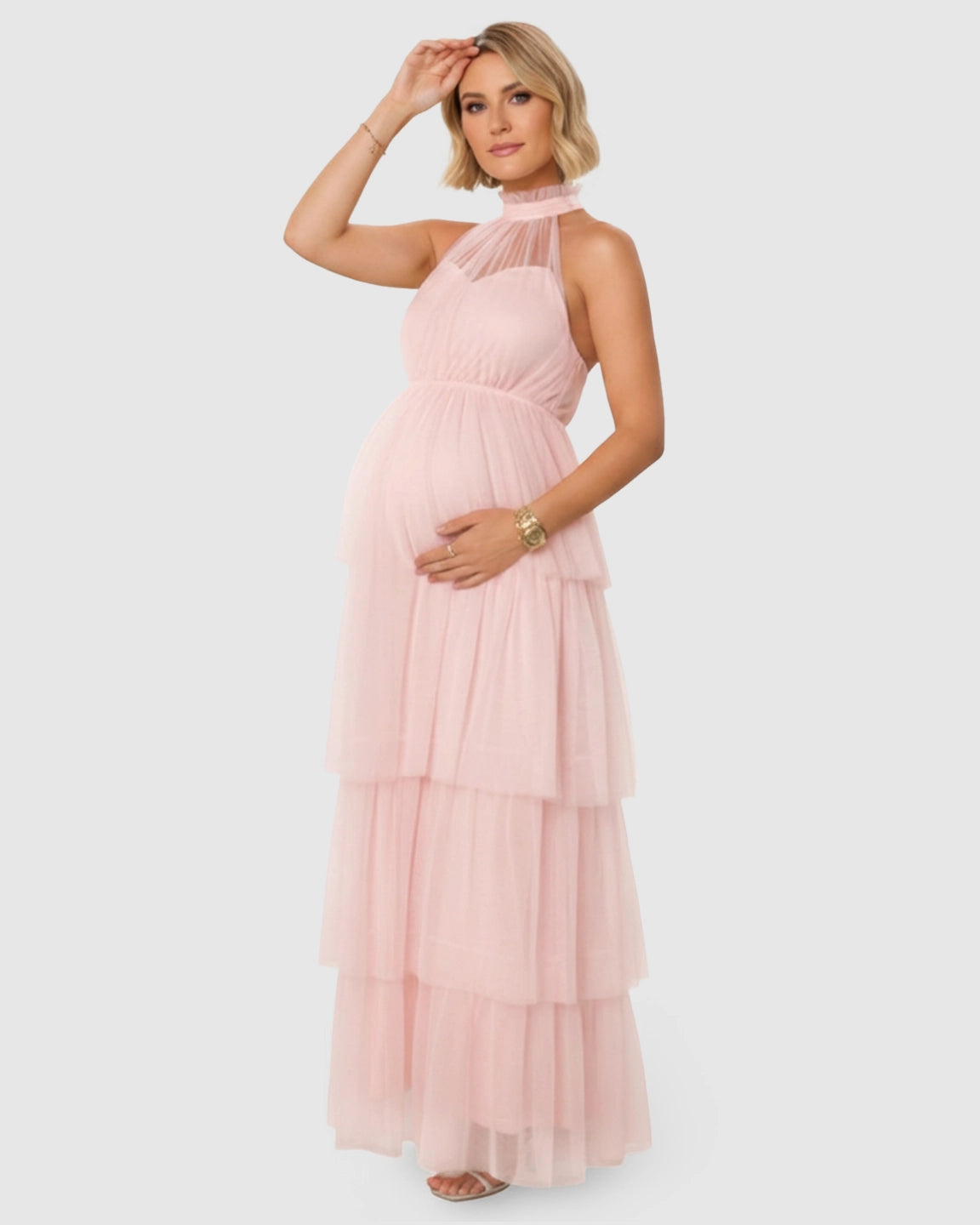 Halter Neck Tiered Mesh Maternity Gown