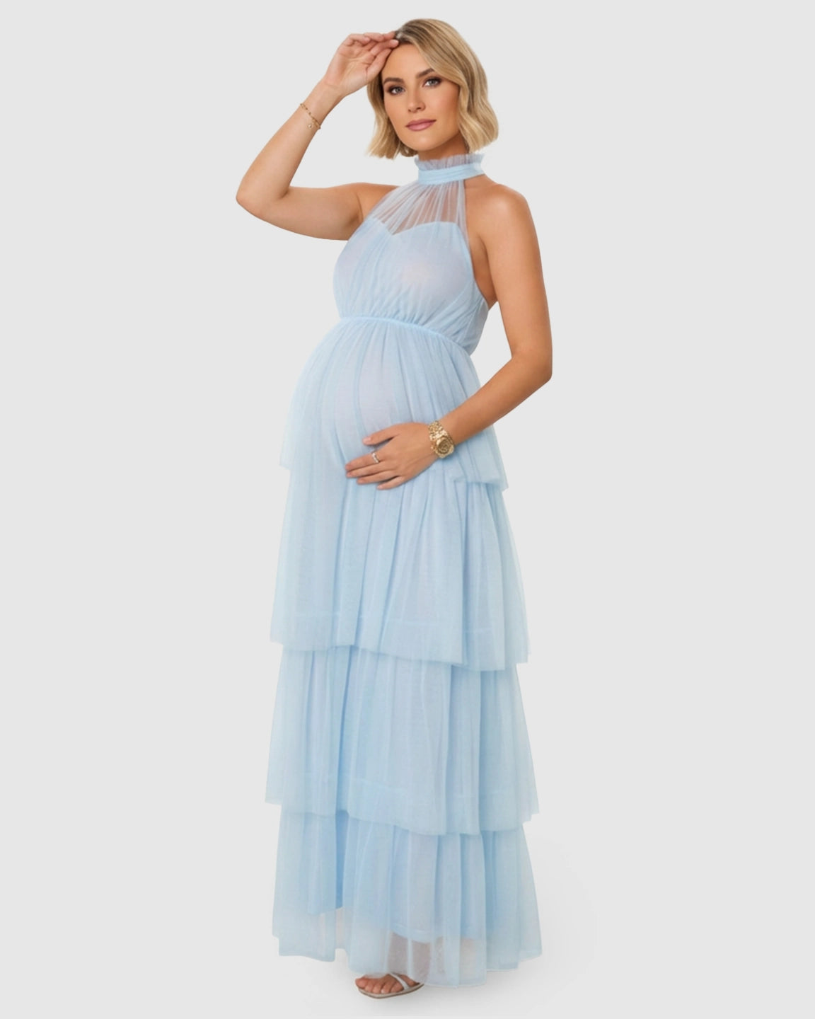 Halter Neck Tiered Mesh Maternity Gown