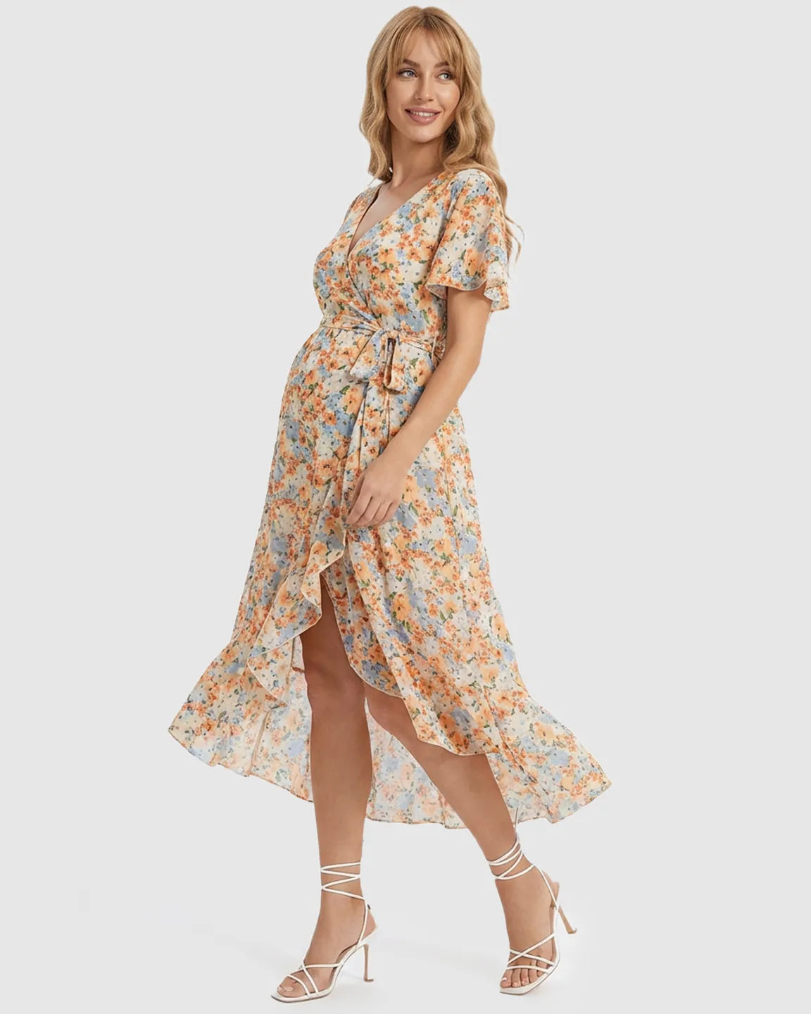 Flowy Floral Wrap Maternity Midi Dress