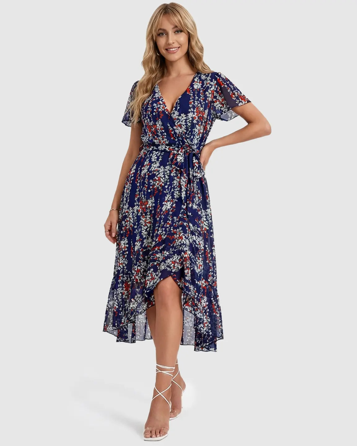 Navy Floral Wrap-Front Maternity Midi Dress