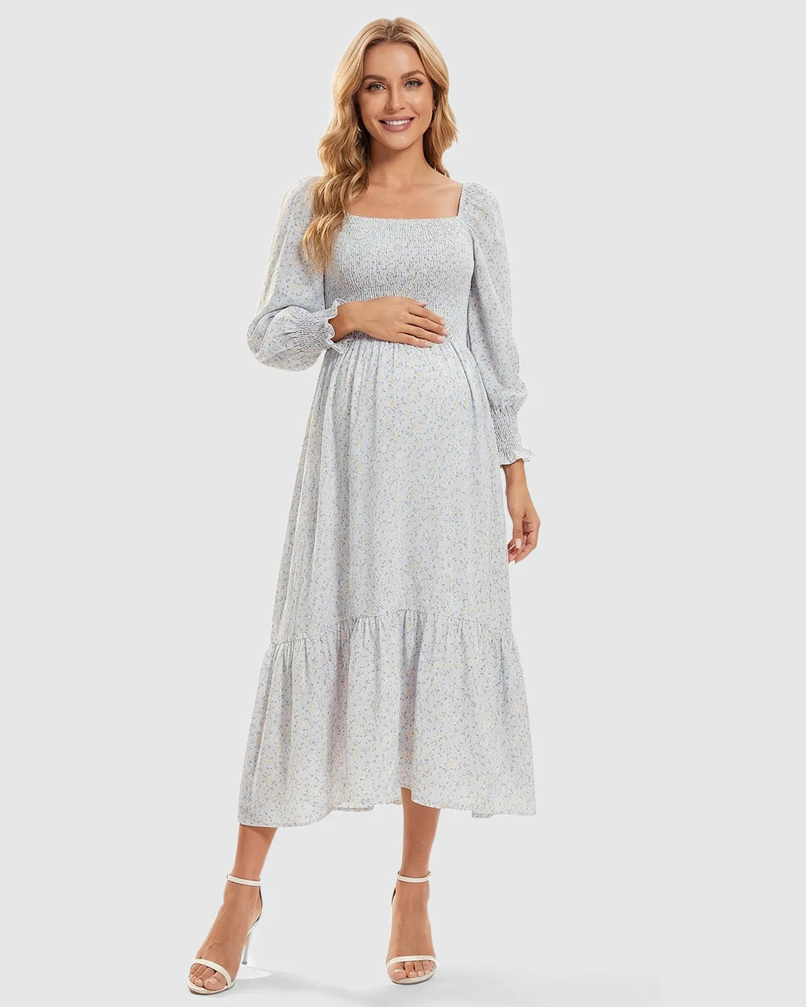 Smocked Floral Long Sleeve Maternity Midi Dress