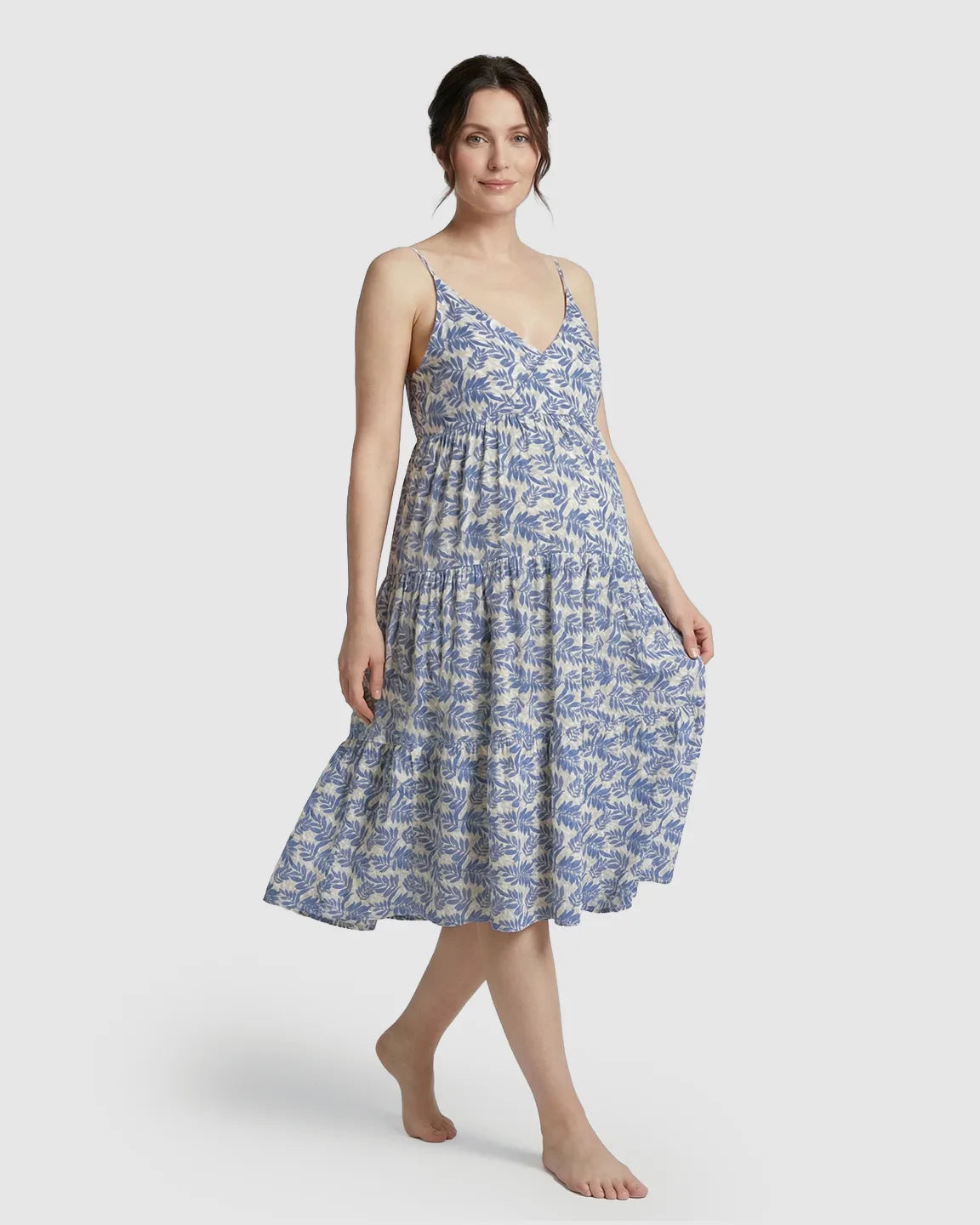 Adjustable-Strap Blue Leaves Print Maternity Nightdress