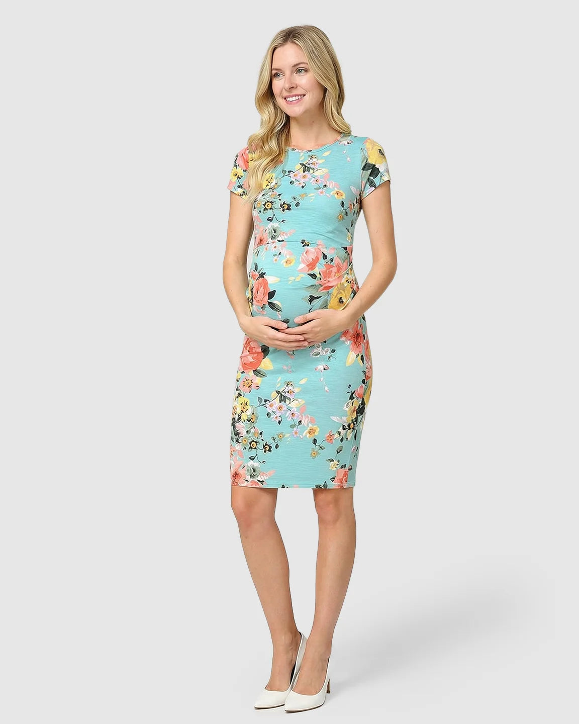 Stretch-Ruched Floral Maternity Midi Dress