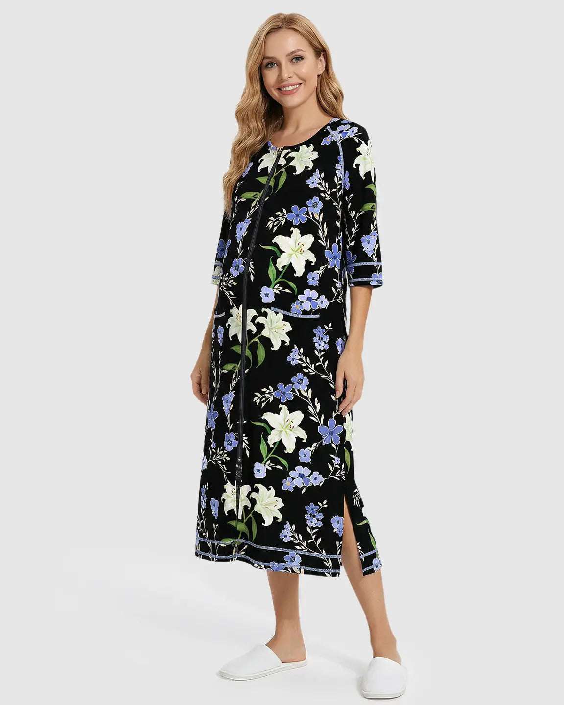 Side-Slit Floral Maternity & Nursing Lounge Dress