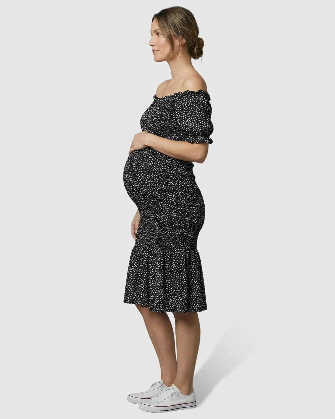 Fishtail Hem Smocked Maternity Midi Dress