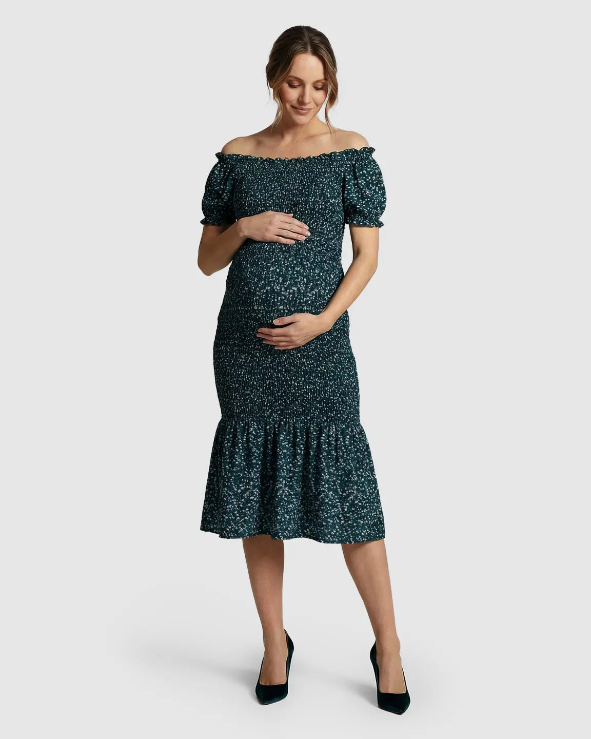 Puff Sleeve Smocked Maternity Midi Dress